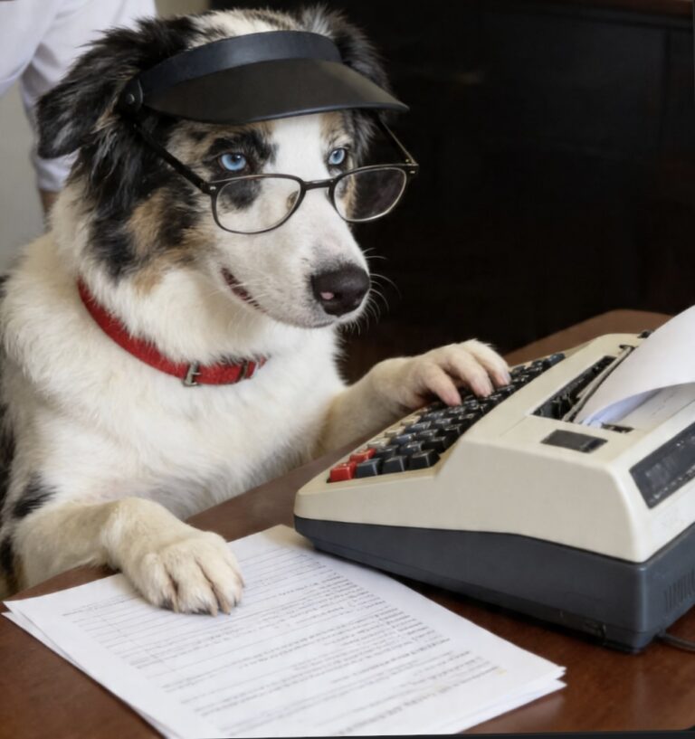 Australian shepherd Intelligent expression showing ficus and alert. Funny doing taxes